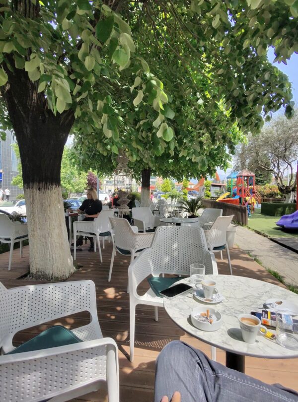 Traditional Albanian coffee served in a small cup at a local café