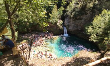 Crystal blue natural spring at the Blue Eye of Theth, Albania